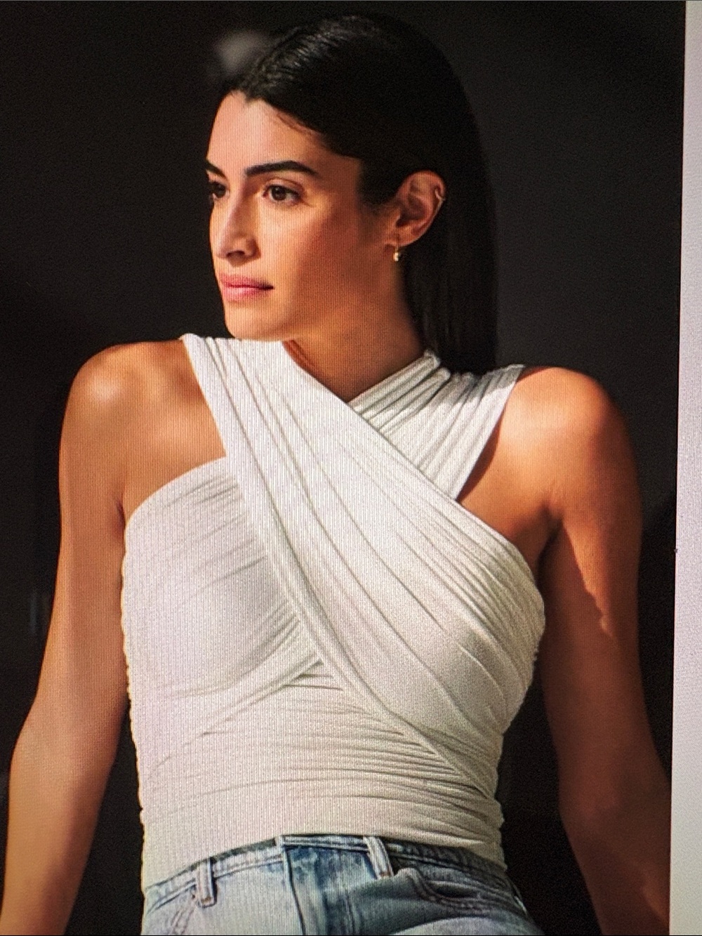 One-Shoulder White Crosswrap Ribbed Dress